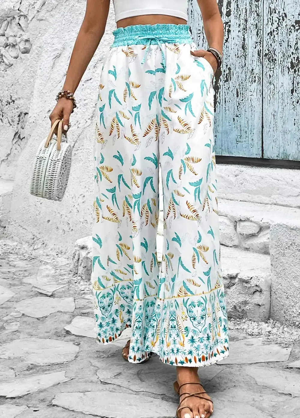 Mint Green Smocked Leaf Print Elastic Waist Pants