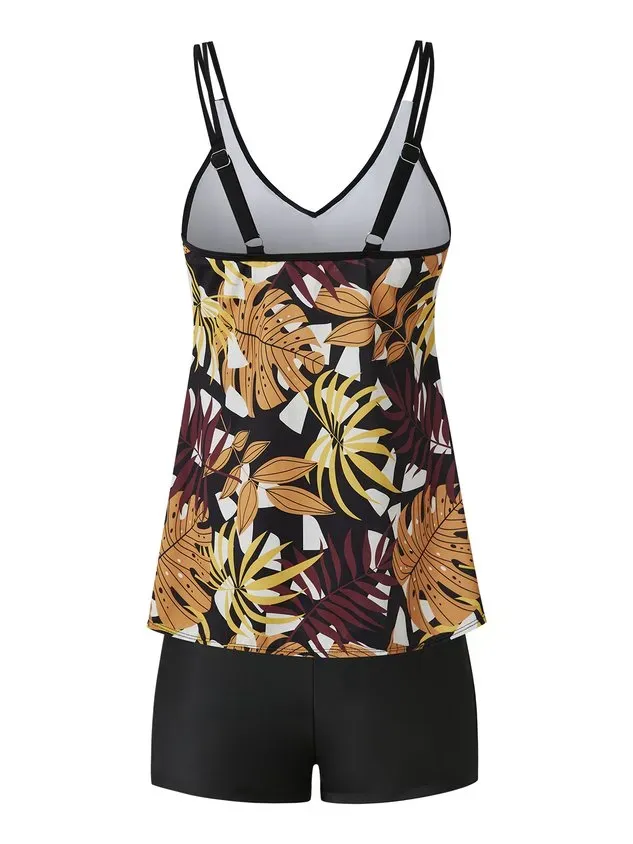 Vacation Floral Printing V neck Swimdress Two-Piece Set