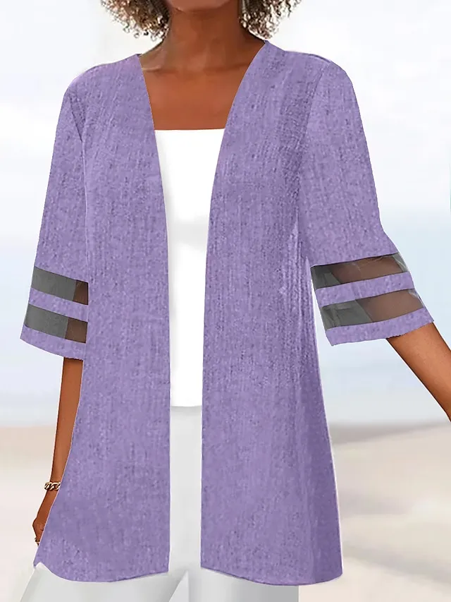 Women's Casual Jacket Clean Fit Causal Patchwork Solid Color Simple Loose Fit Outerwear 3/4 Length Sleeve Summer Black