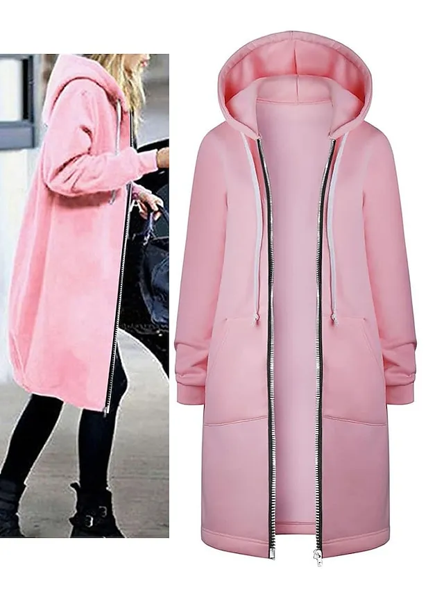 Women's Casual Jacket Fall Windproof Hoodie Jacket with Pockets Casual Workout Regular Long Coat Warm Stylish Long Sleeve Plain Black Pink Wine Sport Street