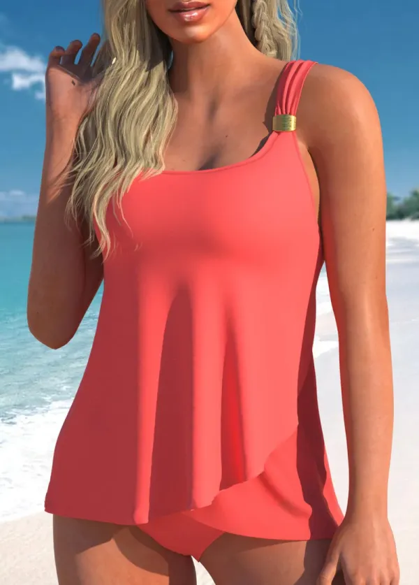 Metal Detail Wide Strap Coral Red Tankini Set