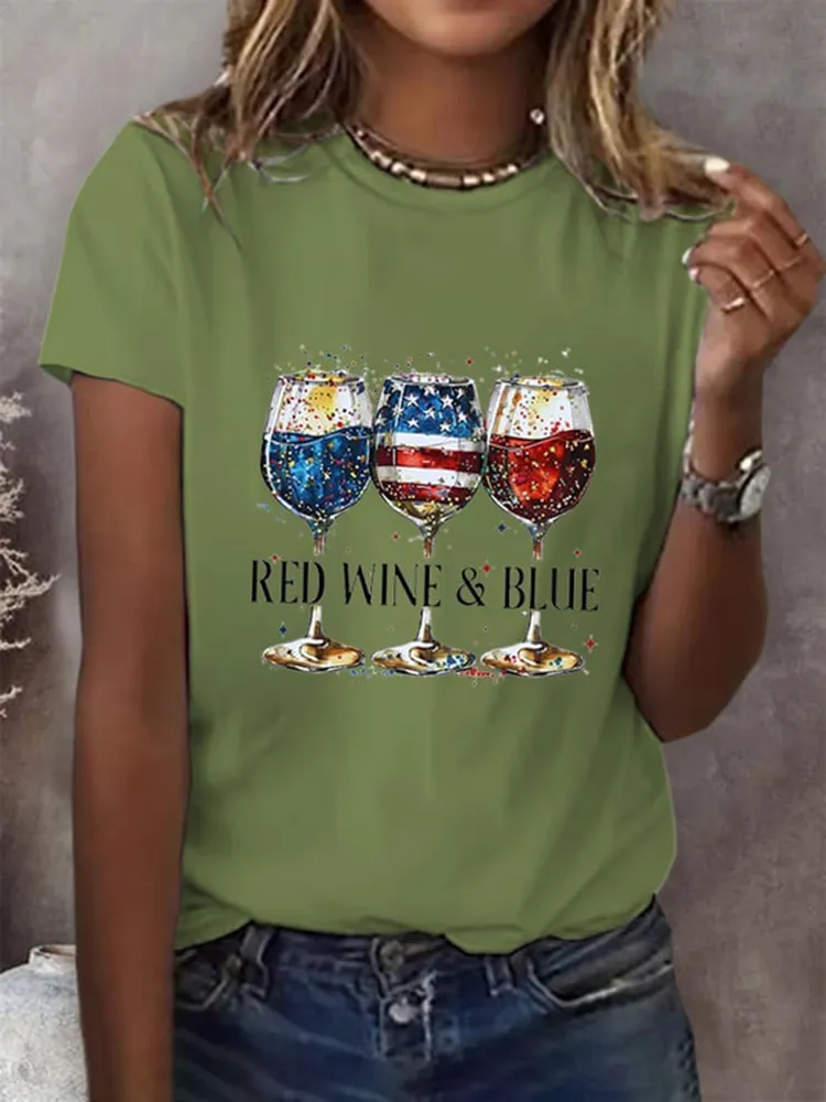 Women'S Red Wine Ang Blue Round-Neck Short-Sleeved T-Shirt