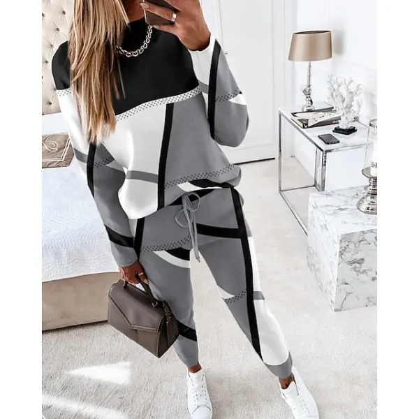 Women's Sweatshirt Tracksuit Pants Sets Camel Purple Green Geometric Color Block Drawstring Print Long Sleeve Sports Outdoor Casual Active Streetwear Crew Neck Regular Fit Fall & Winter