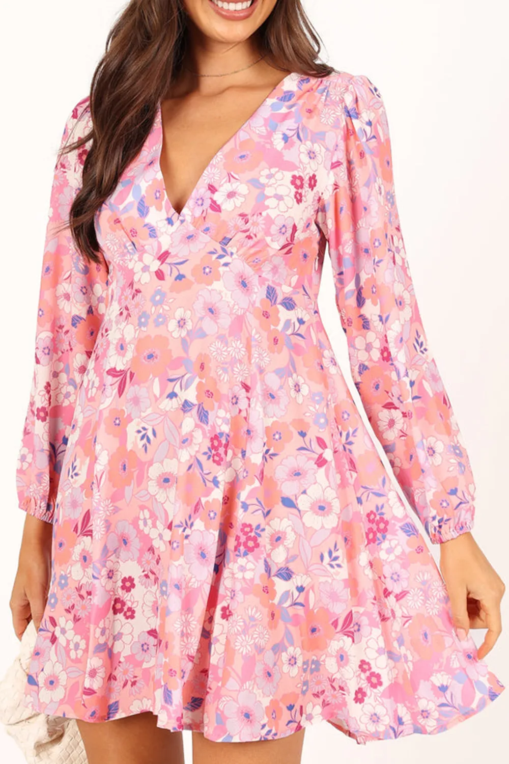 PINK FLORAL LONG SLEEVE MINI DRESS