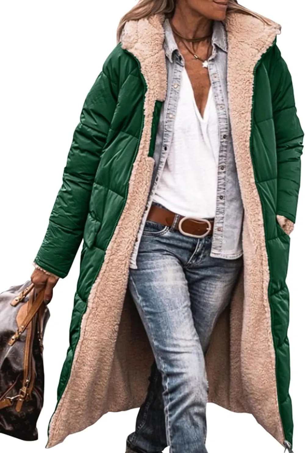 Women's 2023 Warm Winter Coats Reversible Sherpa Fleece Long Hooded Puffer Jackets Outerwear