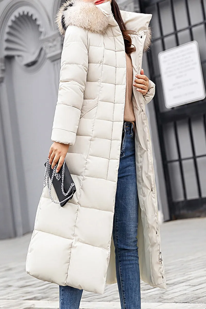 Hooded Fur Collar Belt Plain Coat