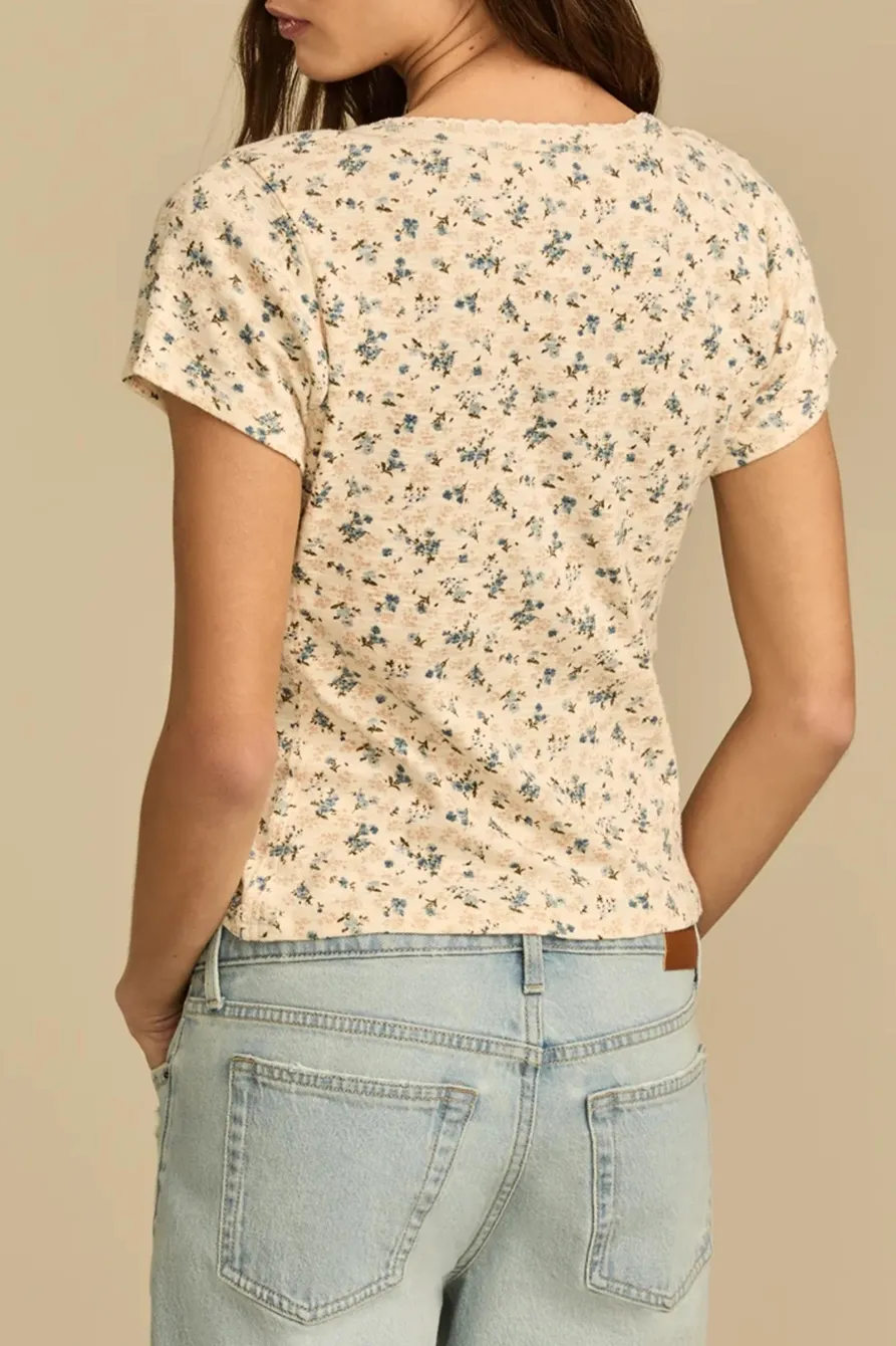 Blue Multi Crochet Trim Short Sleeve Henley