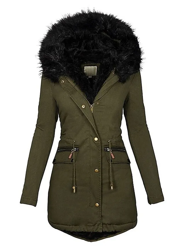 Women's Parka Fleece Puffer Jacket Winter Thicken Coat Warm Windproof Outerwear with Fur Collar Drawstring Zip up Stylish Casual Street Jacket with Pockets Long Sleeve Black Army Green Navy Blue