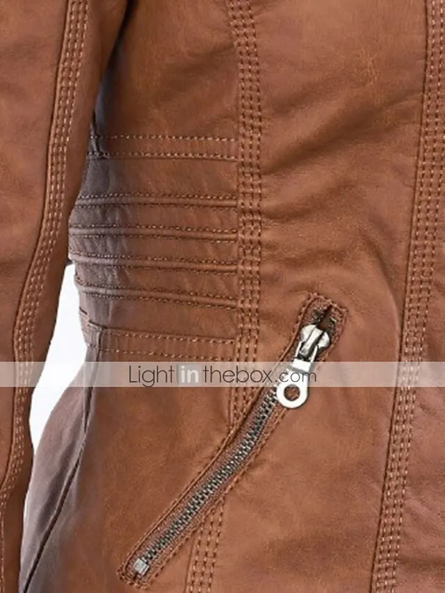 Women's Faux Leather Fall Hoodie Moto Biker Hoodie Jacket Windproof Warm Pocket Sports Solid Color Maillard Outerwear Long Sleeve Winter Fall Black Camel Red Street Casual Daily  M L XL