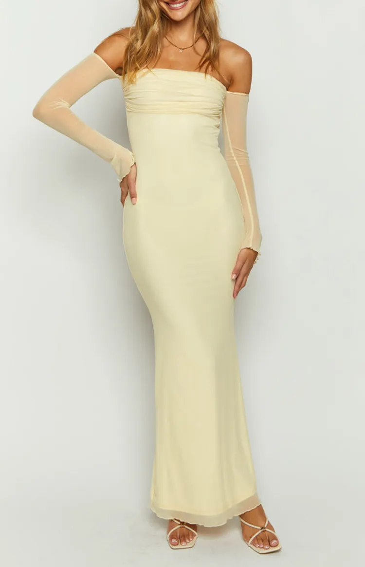 Off Shoulder Cream Long Sleeve Maxi Dress