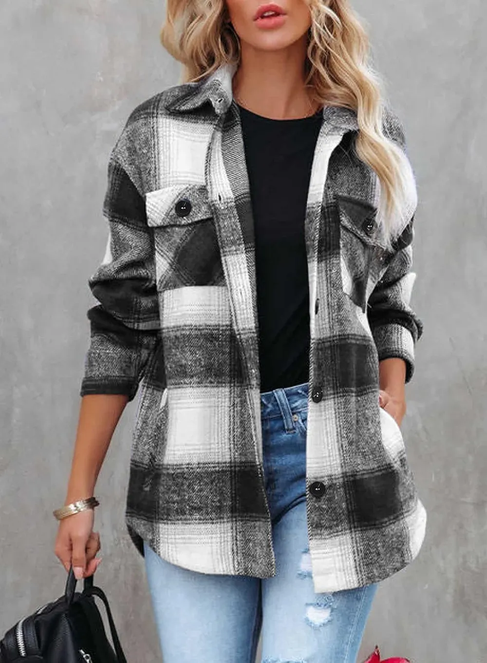 Women's Flannel Plaid Shacket Long Sleeve Button Down Chest Pocketed Shirts Jacket Coats