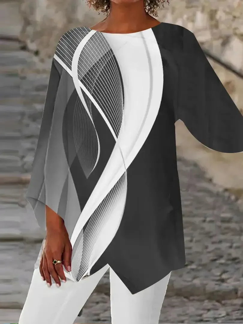 Women Asymmetrical 3/4 Sleeve Scoop Neck Striped Stitching Tops