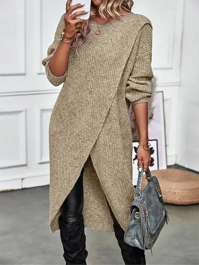 Women's Sweater Dress Knit Dress Jumper Dress Midi Dress Knitwear Warm Fashion Plain Outdoor Daily Going out Crew Neck Long Sleeve 2023 Regular Fit Black Wine Green S M L XL XXL 3XL