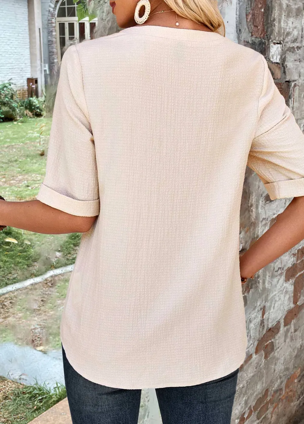 Light Camel Button Half Sleeve Split Neck Blouse