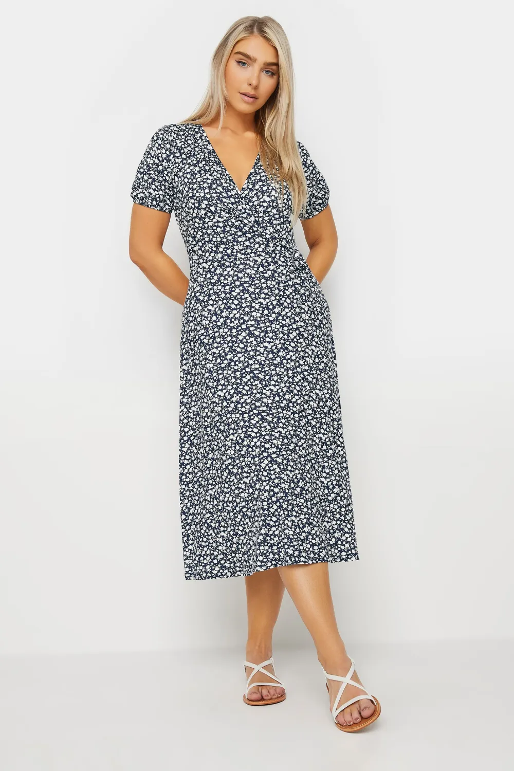 M&Co Navy Blue Ditsy Floral Print Midi Wrap Dress