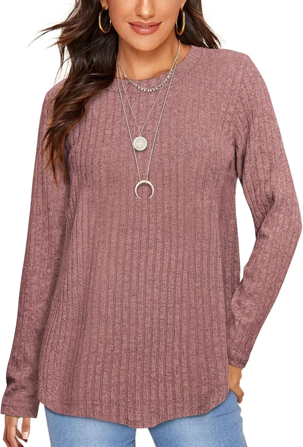 OFEEFAN Long Sleeve Shirts for Women Lightweight Crew Neck Casual Tunic Tops