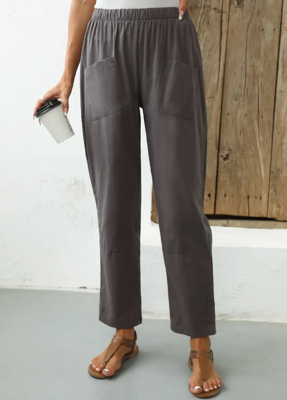 Dark Grey Pocket Elastic Waist High Waisted Pants
