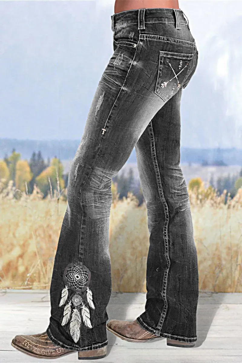 Vintage Feather Pattern Ripped Low Waist Bootcut Jeans
