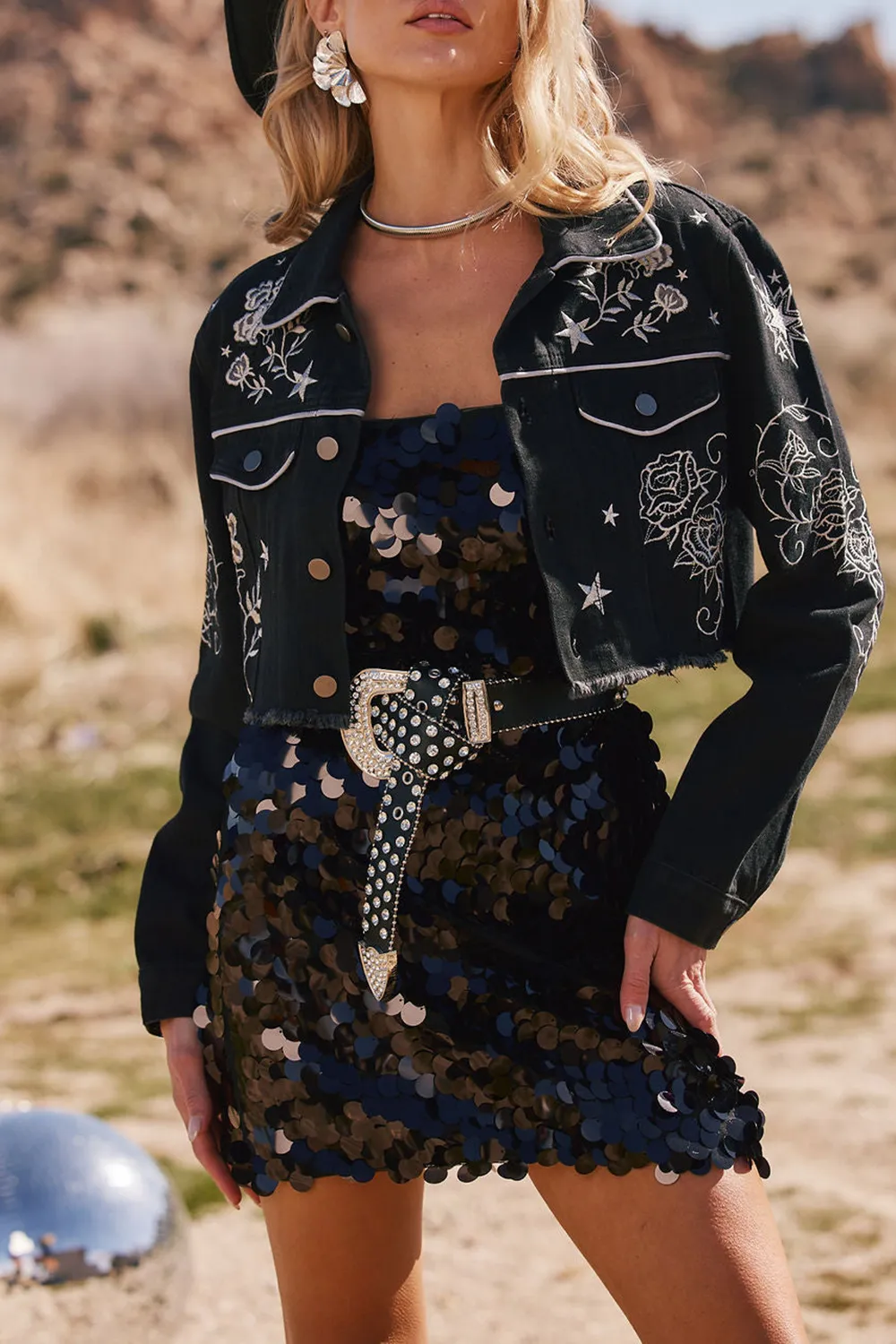 Black Embroidered Cropped Jacket