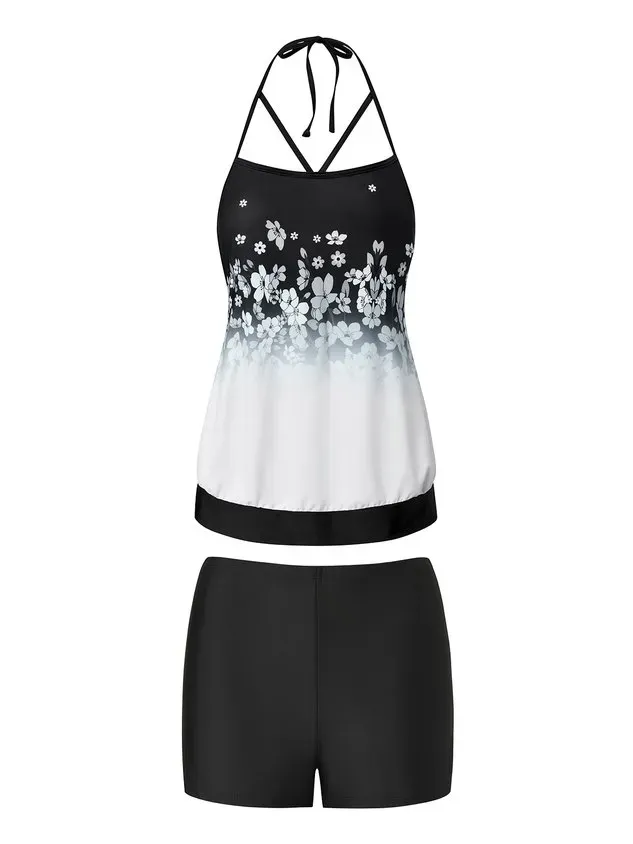 Casual Floral Printing Tankinis Scoop Neck Two-Piece Set