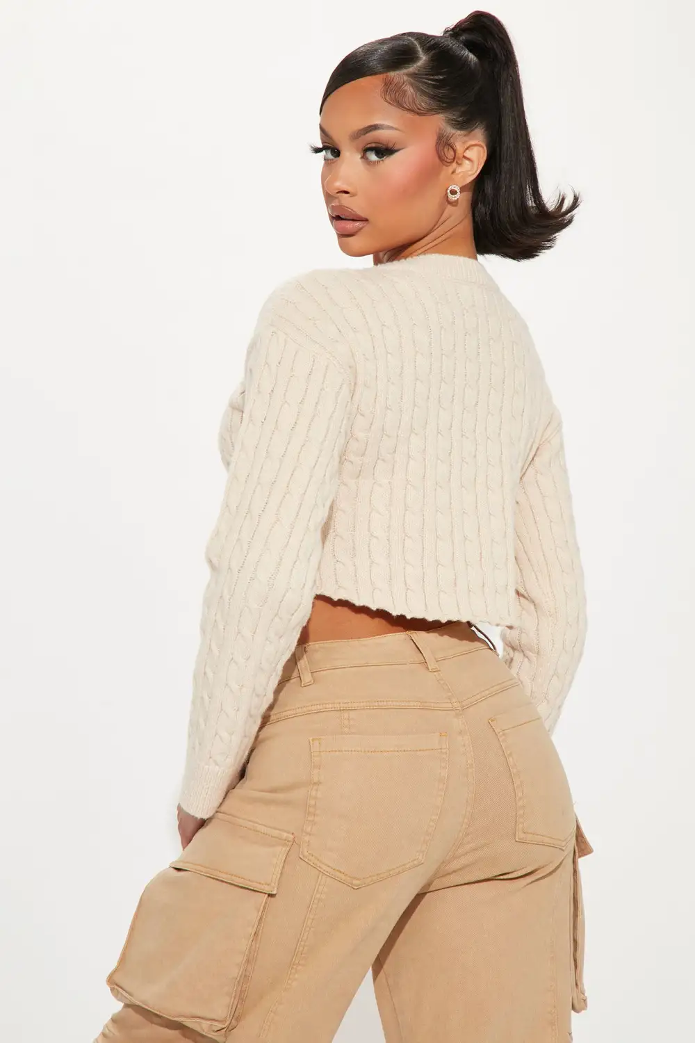 Caught Up Cropped Cable Knit Sweater - Oatmeal