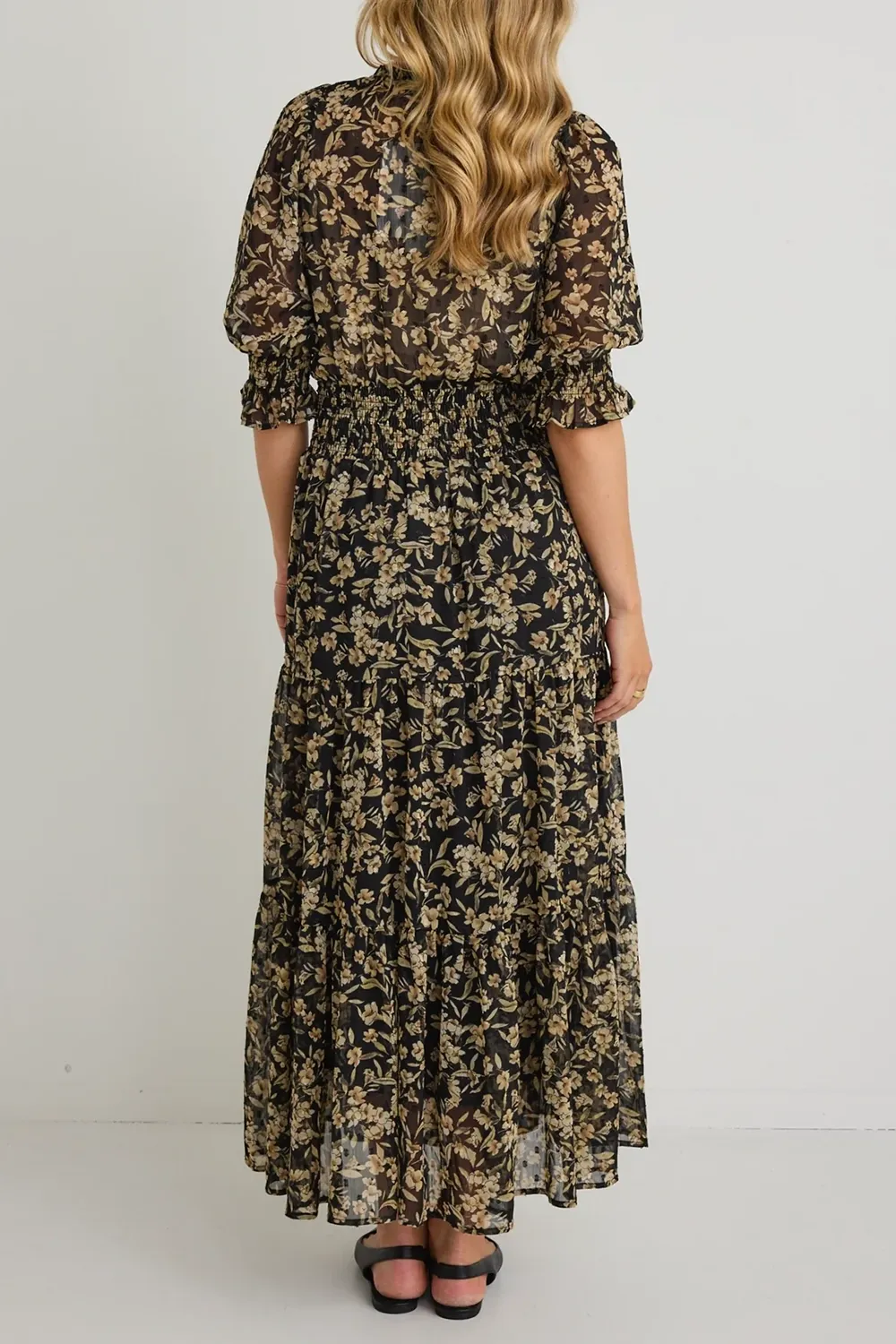Floral Print Shirred Elastic Midi Dress