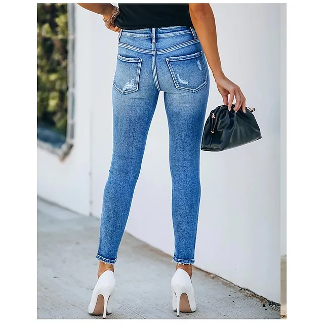 Women‘s Low Rise Jeans Pants Trousers Distressed Ankle-Length Denim Side Pockets Cut Out Micro-elastic Mid Waist Fashion Casual Weekend Light Blue S M Summer Spring & Fall