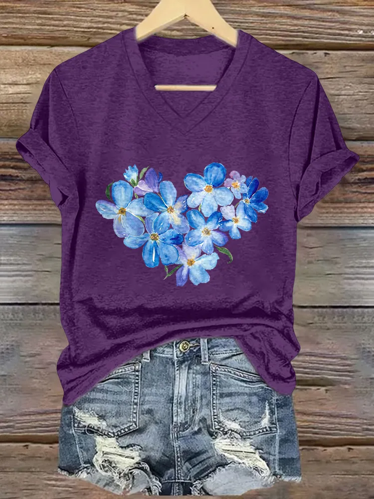 Women'S Heart-Shaped Flower Printed Alzheimer'S Awareness V-Neck T-Shirt
