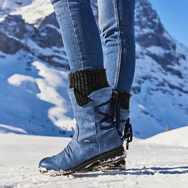 Women's Boots Snow Boots Sweater Boots Plus Size Outdoor Daily Mid Calf Boots Winter Lace-up Flat Heel Round Toe Casual Faux Leather Zipper Black Red Blue