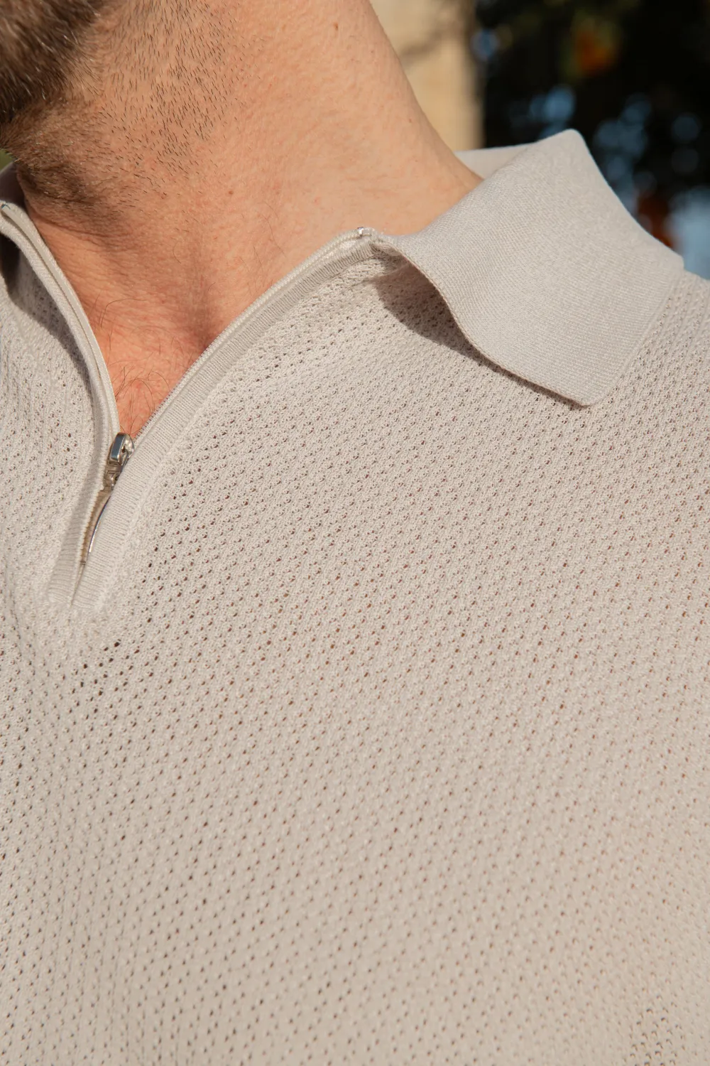 Textured Knit Polo With Zip