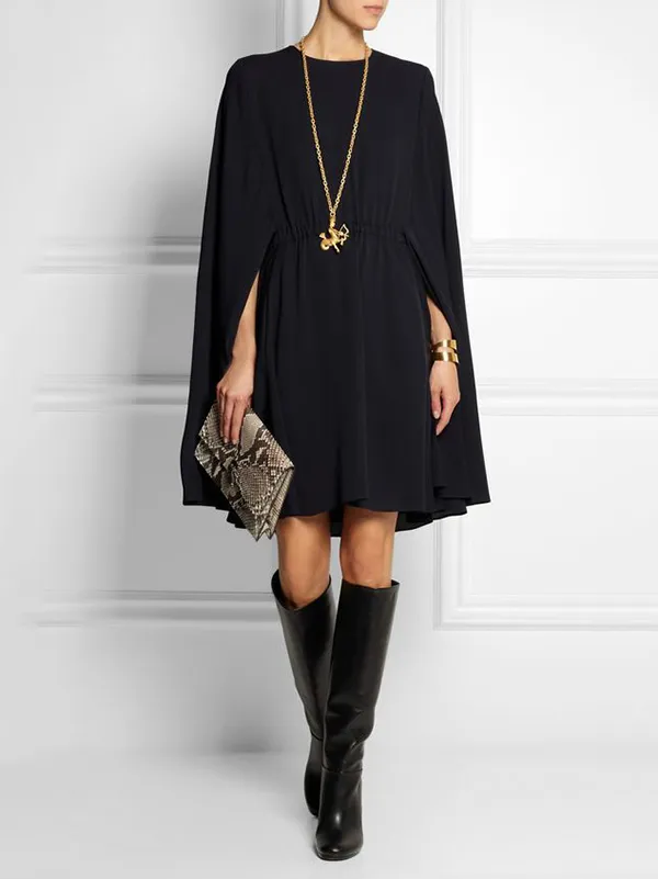 Cape-Style Solid Color Round-Neck Mini Dresses