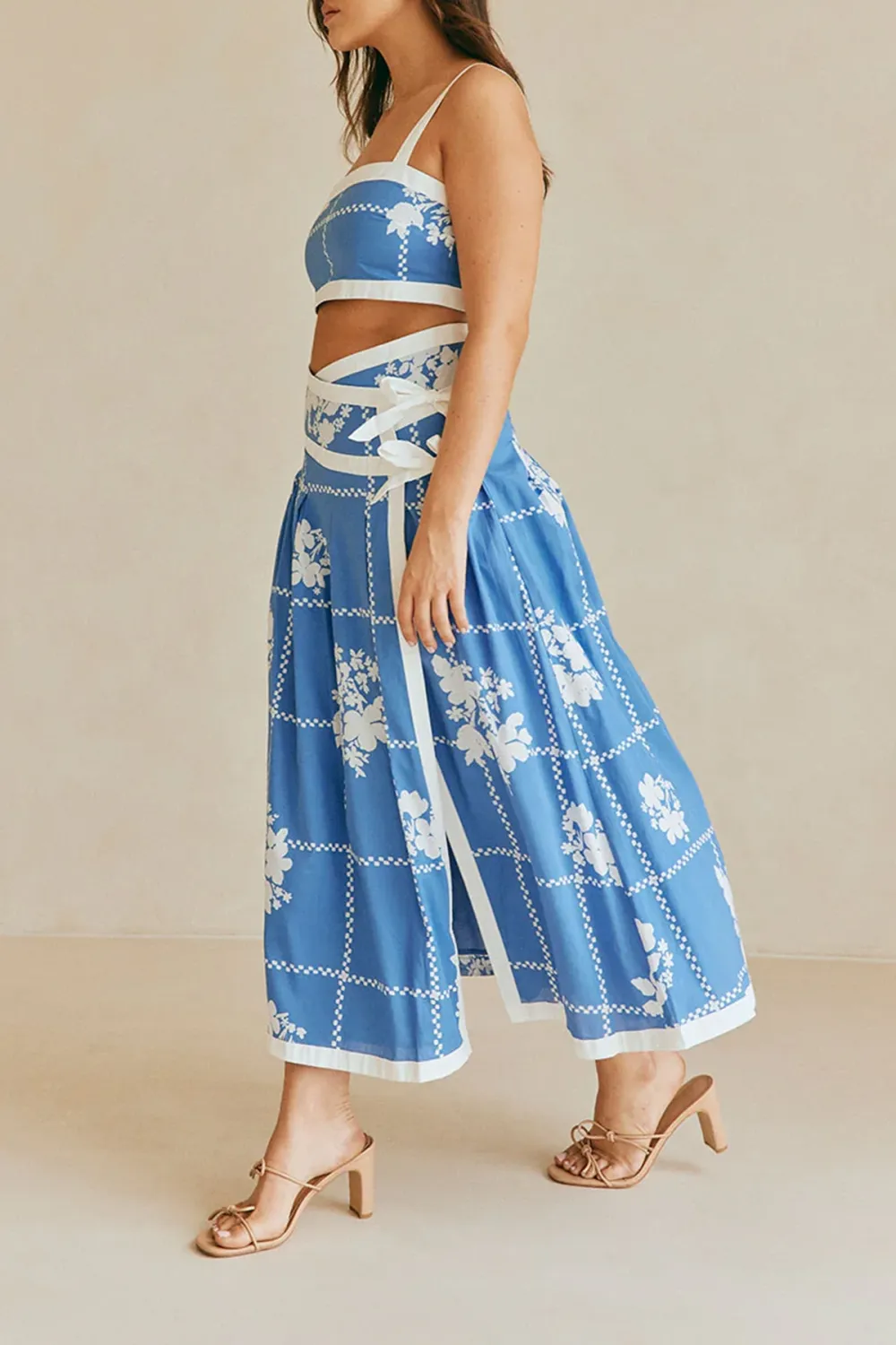 Checkered Floral Print Midi Skirt