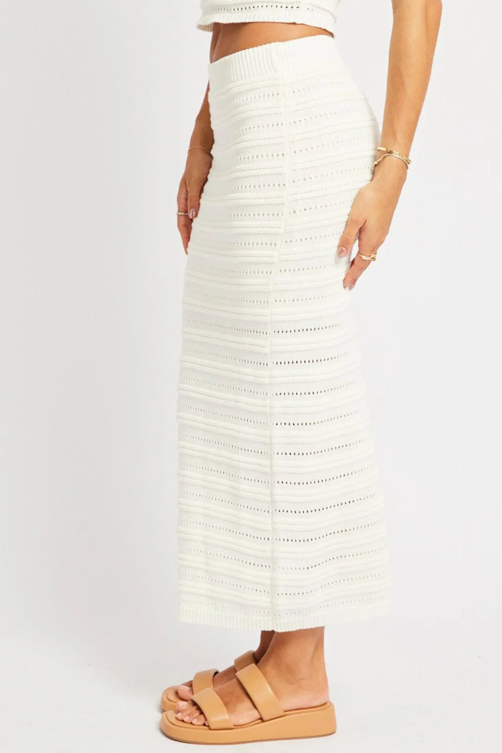 White Crochet Skirt High Rise Elastic Waistband Midi