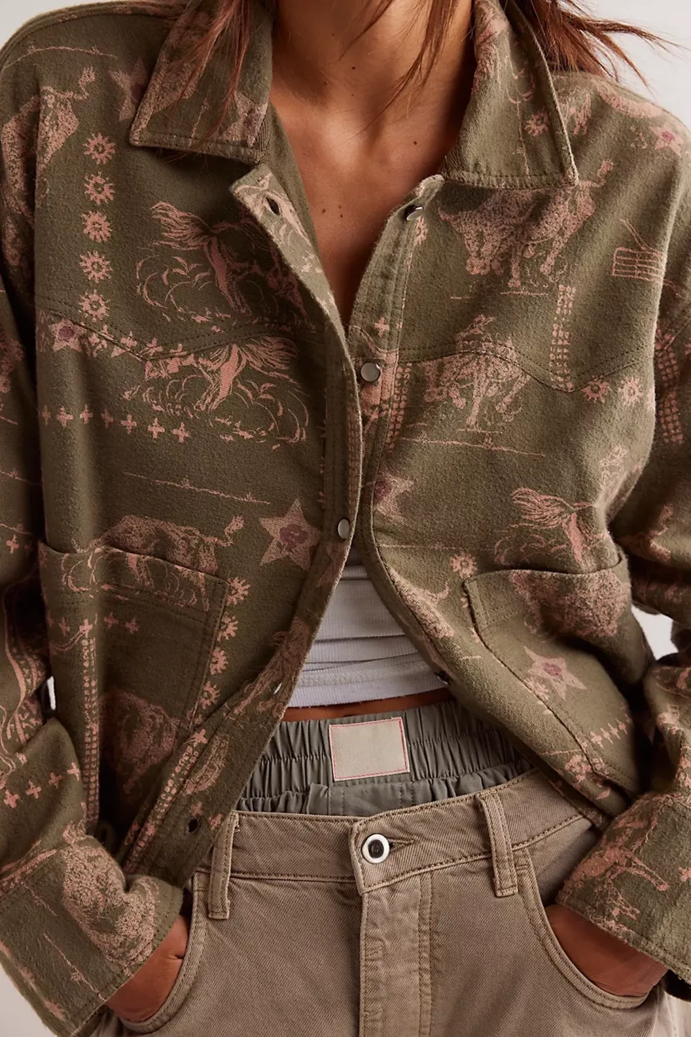 Printed Button Front Utility Shirt