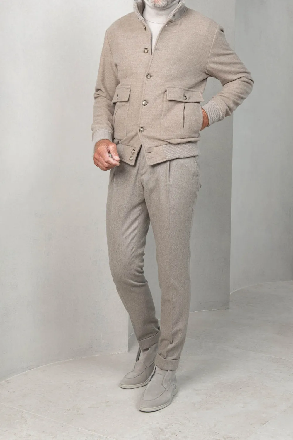 Beige Super 180'S Wool Flannel Bomber Jacket