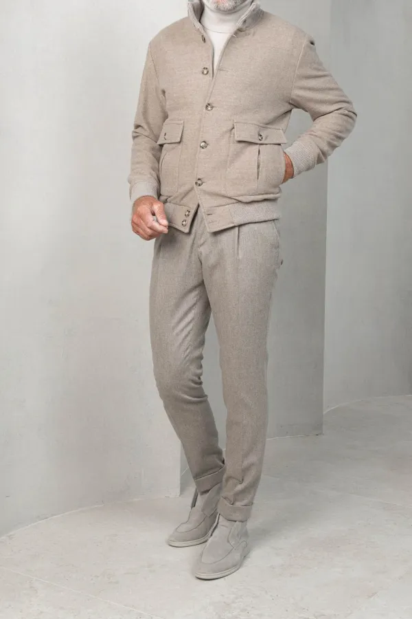 Beige Super 180'S Wool Flannel Bomber Jacket