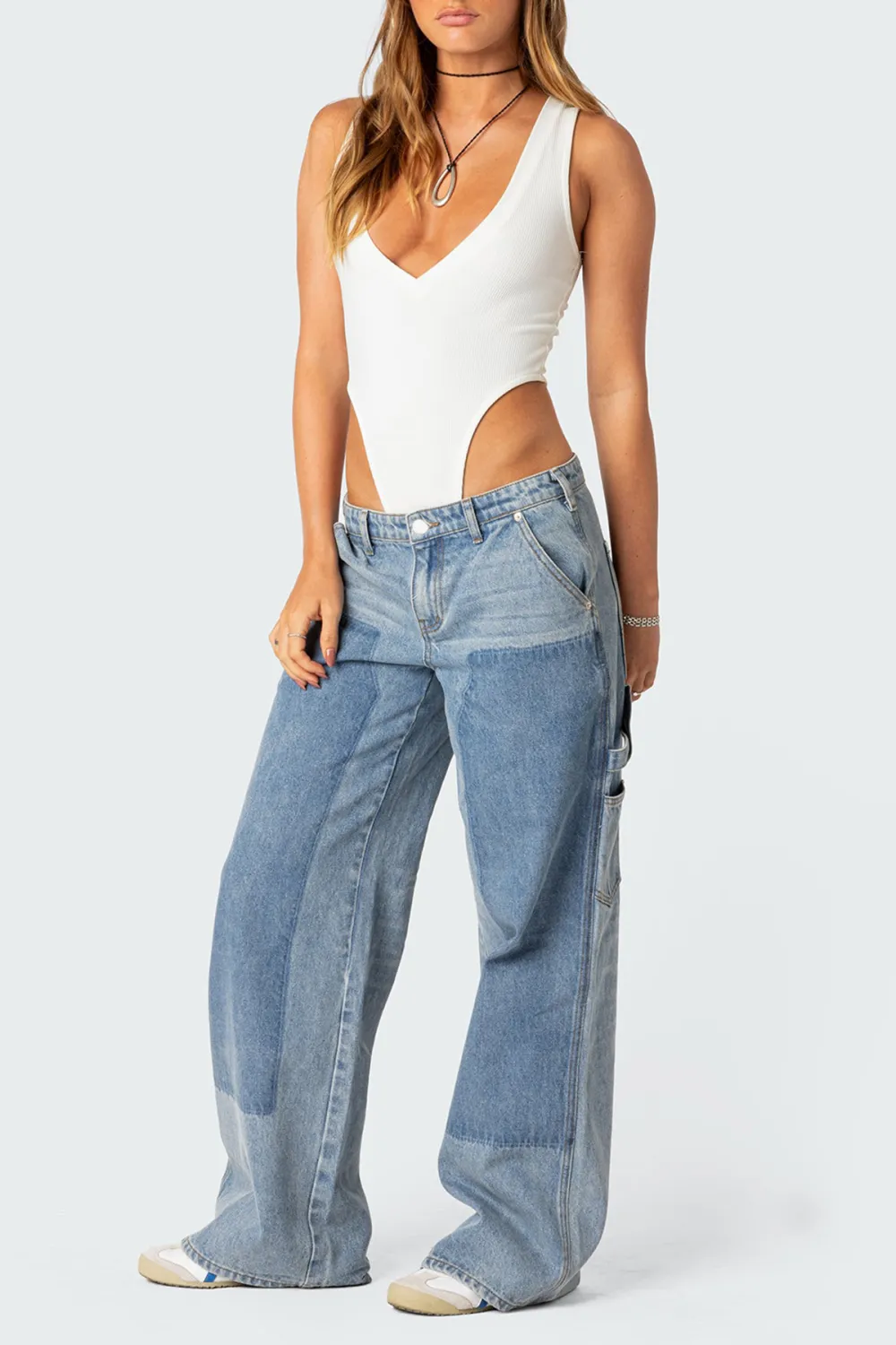 White High Cut Ribbed V Neck Bodysuit