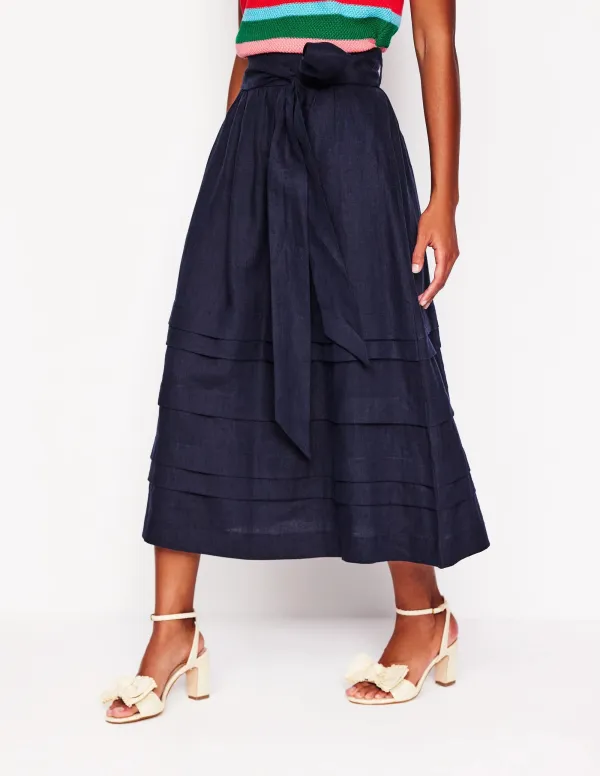 Navy Linen Midi Skirt