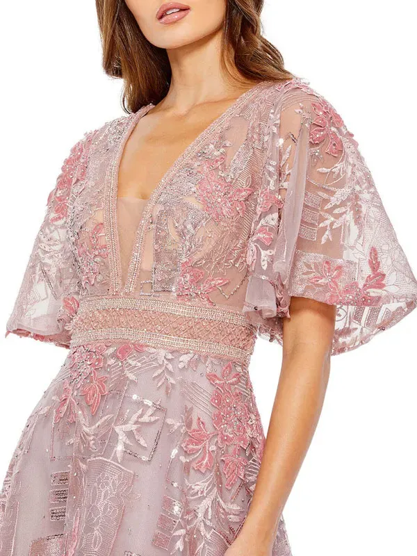 Embroidered Ruffle Sleeve A-line Dress