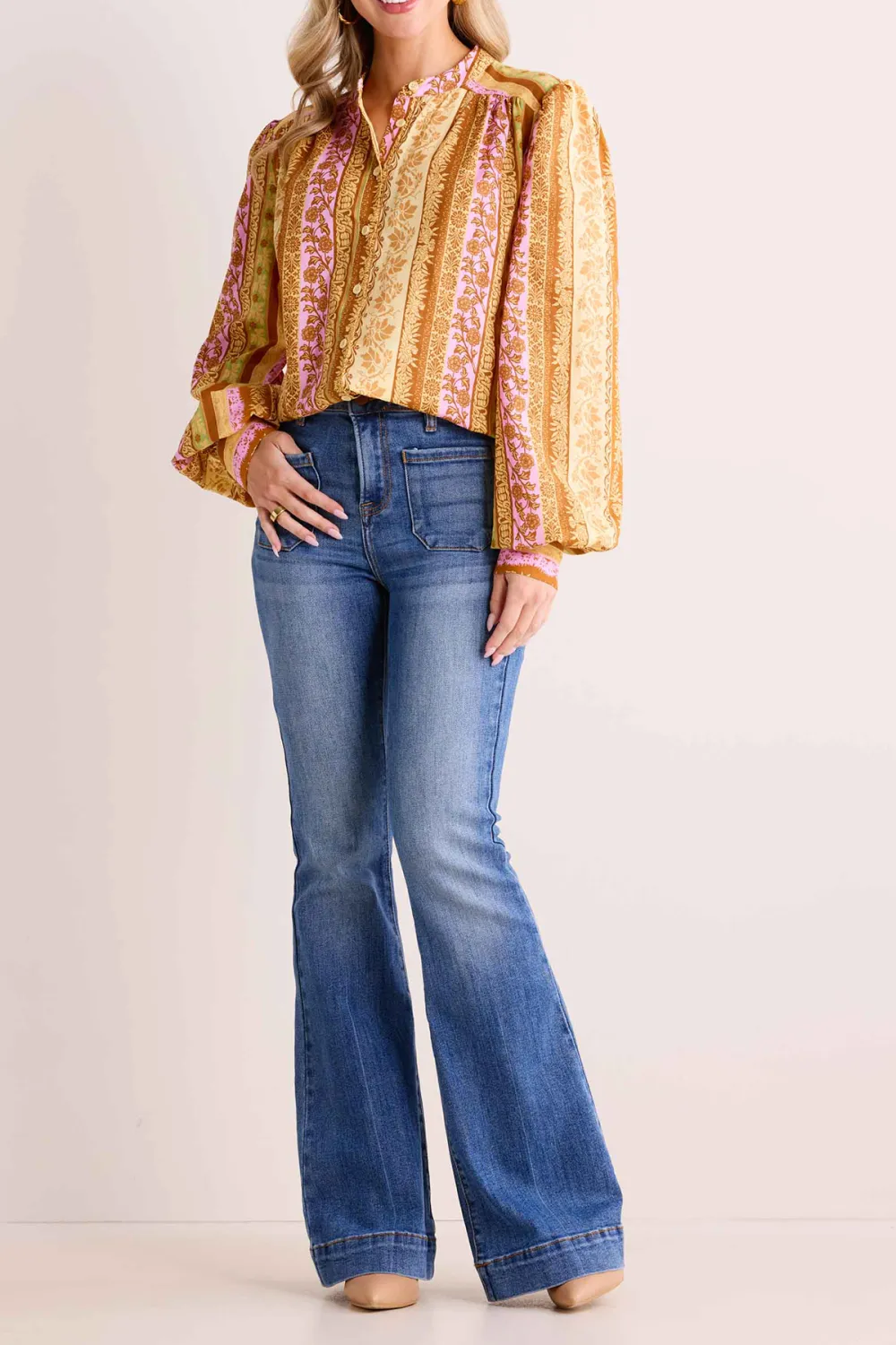 Golden Pattern Balloon Sleeve Button-Front Blouse