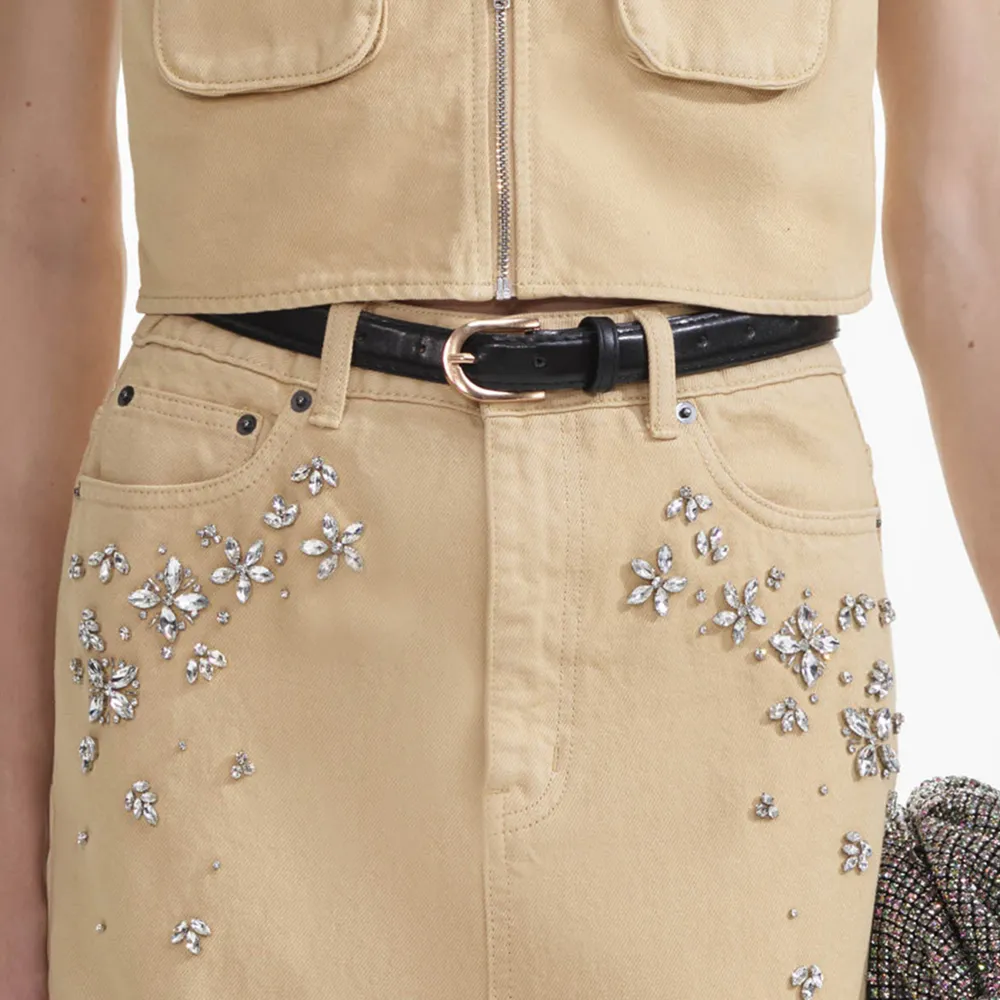 Embellished Denim Cargo Maxi Skirt