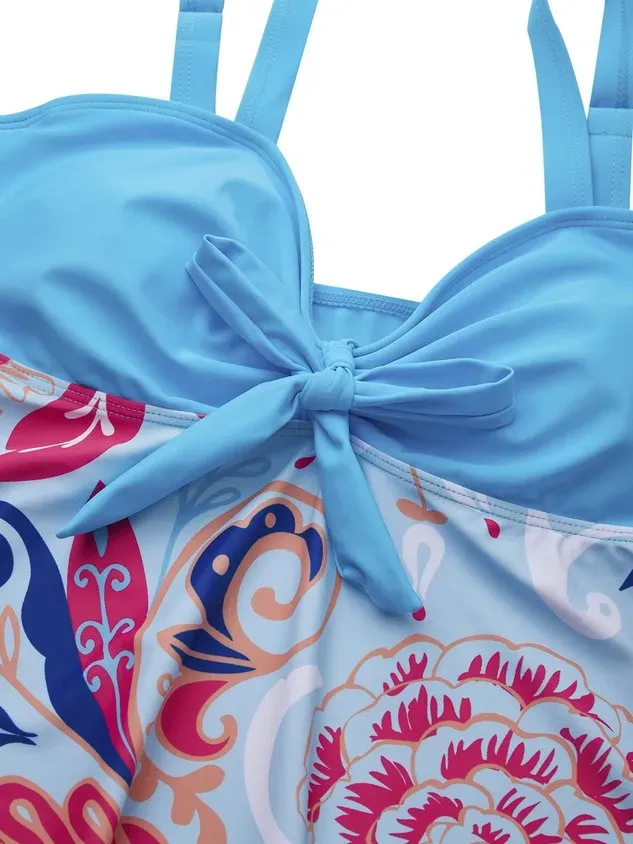 Vacation Ethnic  Printing Scoop Neck Swimdress Two-Piece Set