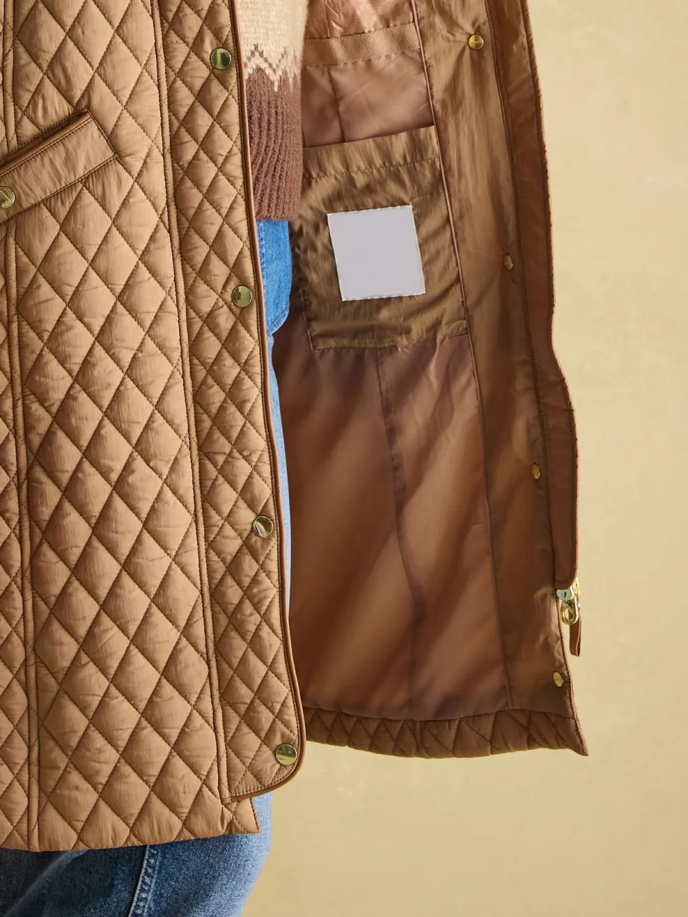 Tan Brown Showerproof Longline Diamond Quilted Coat