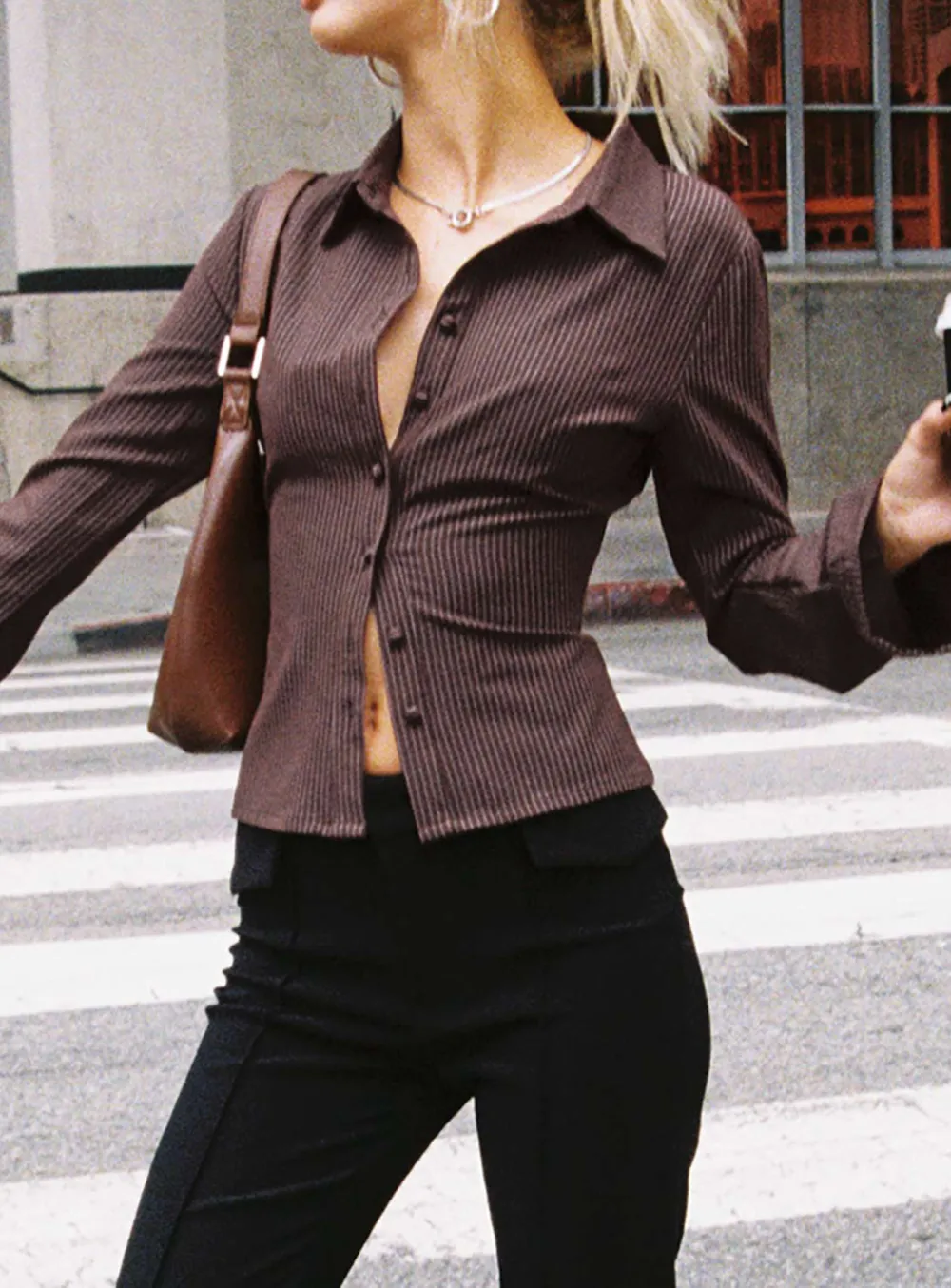 Black Pinstripe Cropped Button Up Shirt