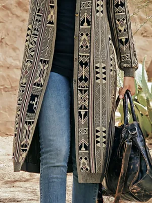 Geometric Vintage Autumn Polyester Micro-Elasticity Loose Best Sell Long sleeve H-Line Overcoat for Women