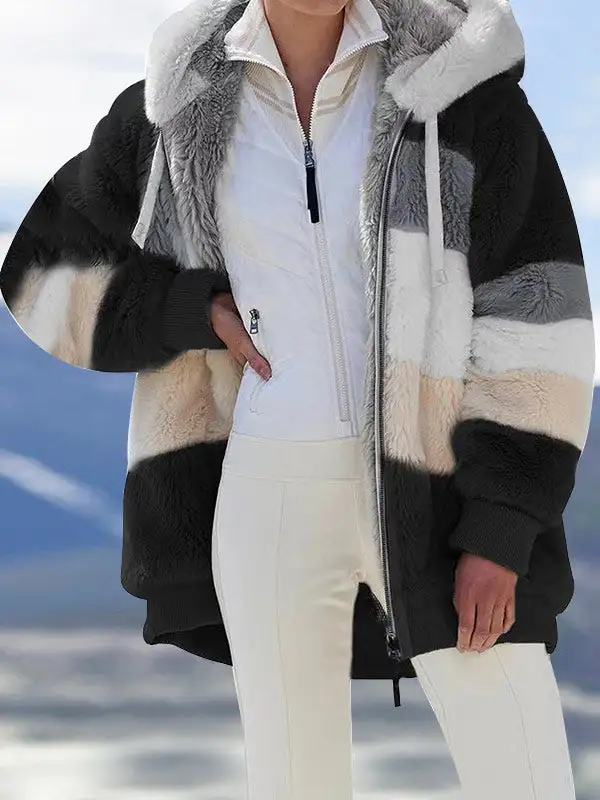Loose Plush Multicolor Hooded Coat