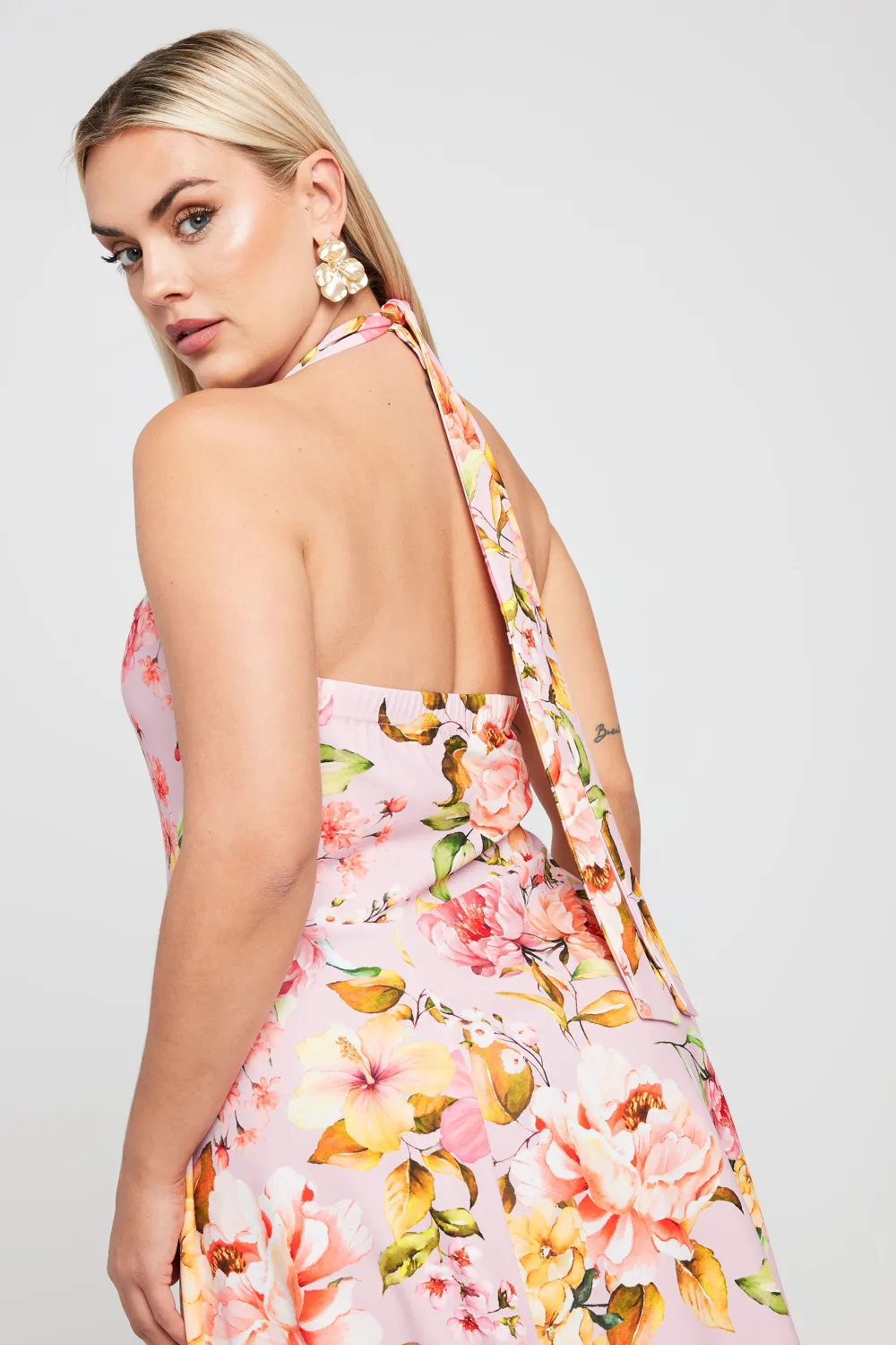 YOURS Curve Pink Floral Print Halter Neck Midaxi Dress