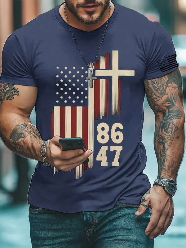 Men'S T-Shirt Men'S Retro 8647 Print Casual Round Neck T-Shirt