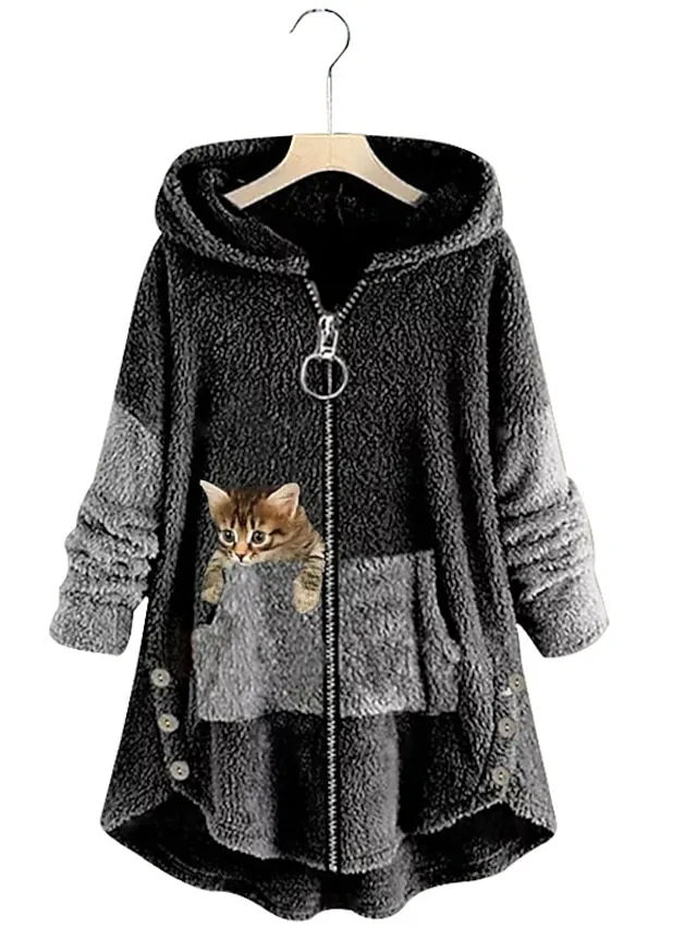 Women's Plus Size Fleece Jacket Teddy Coat Button Pocket Animal Color Block Cat Causal Vacation Long Sleeve Hooded Regular Winter Fall Black Grey Green Black L XL XXL 3XL 4XL
