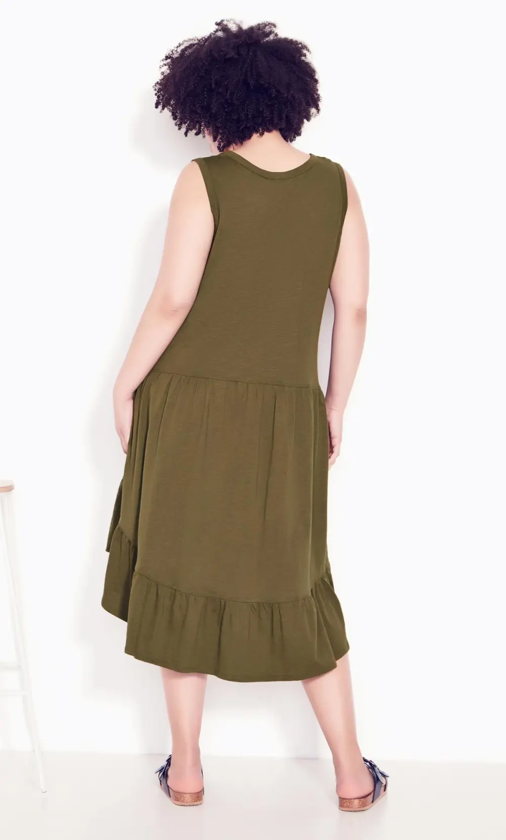 Evans Khaki Green Dipped Frill Hem Midi Dress